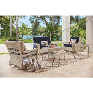 Park Meadows Off-White Wicker Outdoor Patio Loveseat with CushionGuard Midnight Navy Blue Cushions