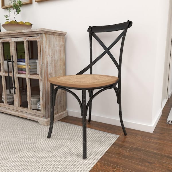 Black Metal Dining Chair with Brown Rattan Seat (Set of 2)