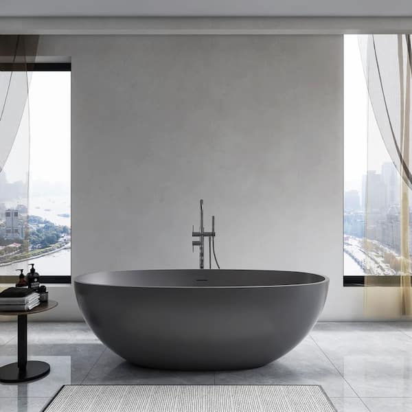 Moray 65 in. x 30 in. Solid Surface Stone Resin Flatbottom Freestanding Double Slipper Soaking Bathtub in Matte Gray