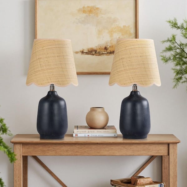 18.9 in. Black Bedside Table Lamp Set and With Bell Shade (Set of 2)