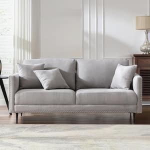 Modern Classic Couch 72 in. Straight Arm Velvet Upholstered Sofa with Nail Head Trim and Pillows in Grey