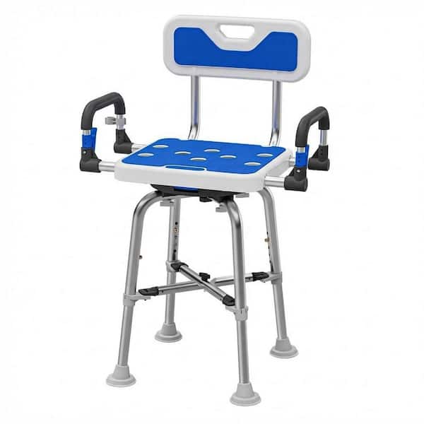 Adjustable Swivel AluminumShower Chair in Blue and White with Arms and Back for Seniors Elderly, 550 lb. Shower Seat