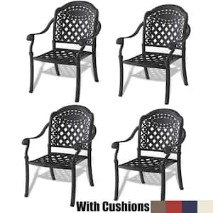 Black Cast Aluminum Patio Outdoor Dining Chair with Random Color Cushion (4-Pack)