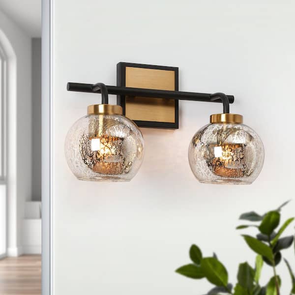 15 in. 2-Light Transitional Brass Vanity Light, Black Bathroom Light Fixtures, Modern Vanity Lighting with Mercury Glass