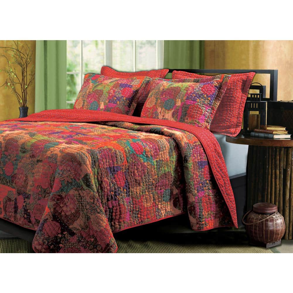 Jewel-Toned Floral Kantha Quilted Twin-XL Bedding Set