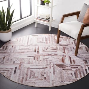 Faux Hide Beige/Brown 6 ft. x 6 ft. Machine Washable Striped Geometric Round Area Rug