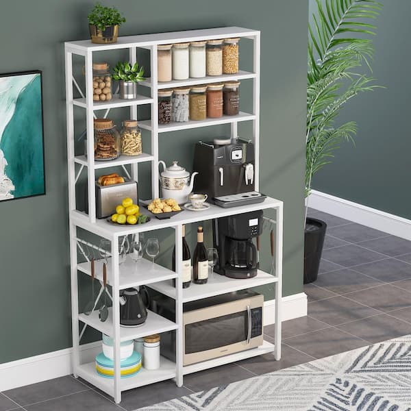 Tribesigns Way to Origin Bachel Rustic Brown 5-Tier Kitchen Bakers Racks with Hooks and Hutch, Balcony Plant Stand, Office Display Organization.