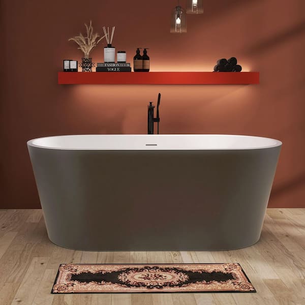 HBEZON 70 in. Acrylic Freestanding Oval Flatbottom Non-Whirlpool Soaking Bathtub in Glossy Gray