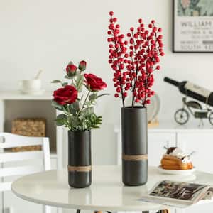 Black Decorative Modern Ceramic Cylinder Shape Table Vase Flower Holder with Rope (Set of 2)
