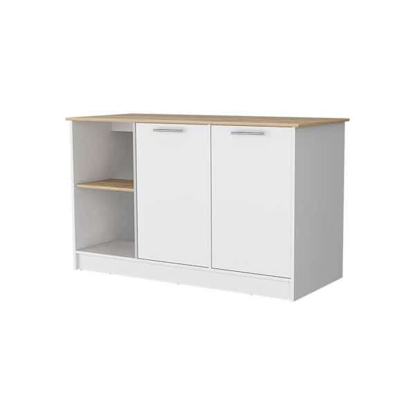 Multi-Colored Wood 59.0 in. Kitchen Island with Double Door Cabinets and 2 Open Storage Shelves