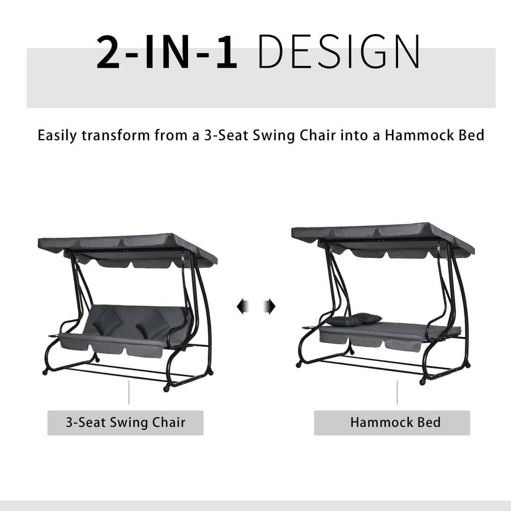Gray Cushioned 3-Seat Outdoor Swing Bench with Canopy