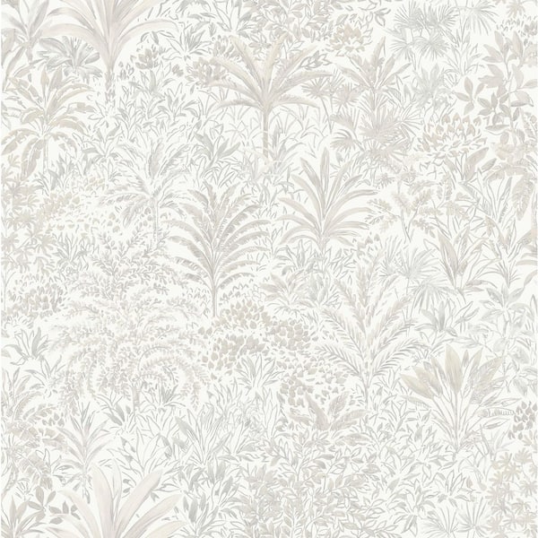 Meilani White and Silver Palm Landscape Wallpaper Sample