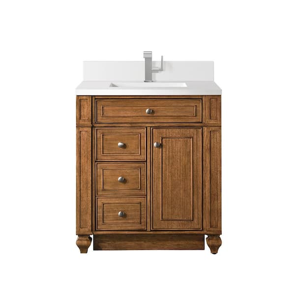 James Martin Vanities Bristol 30.0 in. W x 23.5 in. D x 34.0 in. H Bathroom Vanity in Saddle Brown with White Zeus Silestone Quartz Top