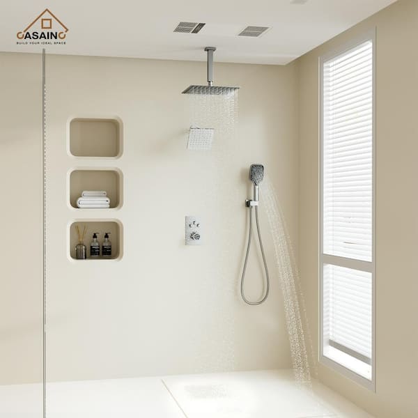 5-Spray 12 in. Thermostatic Dual Shower Heads Ceiling Mount Fixed and Handheld Shower Head 2.5 GPM in Brushed Gold