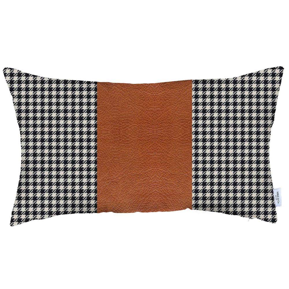 Boho-Chic Black and Brown Vegan Faux Leather Houndstooth Lumbar Pillow Cover