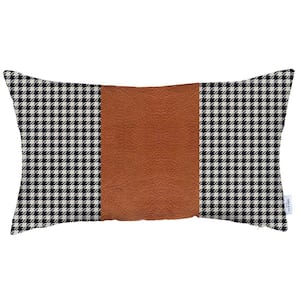 Boho-Chic Handcrafted Vegan Faux Leather Black and Brown 12 in. x 20 in. Lumbar Houndstooth Throw Pillow Cover