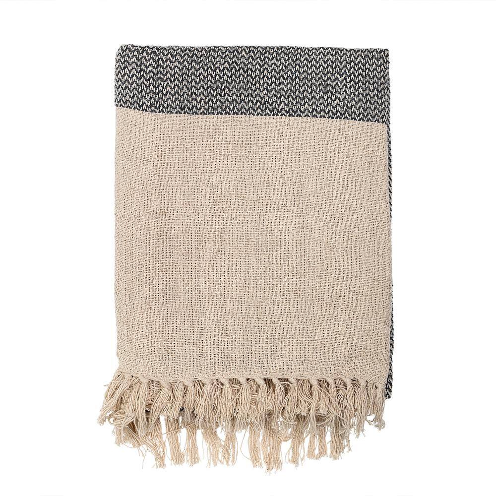 Grey and Cream Reclaimed Cotton Blend Knit Throw with Fringe