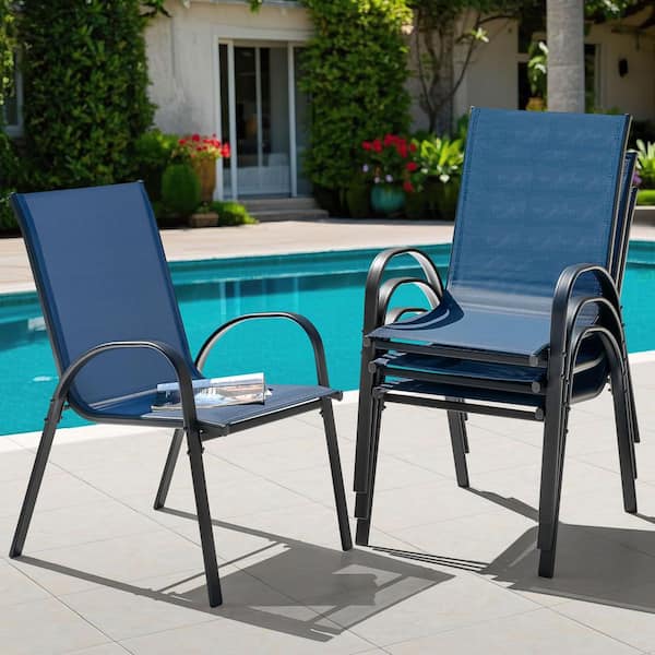 Black Metal and Textilene Stackable Outdoor Dining Chairs in Blue (4-Pack)