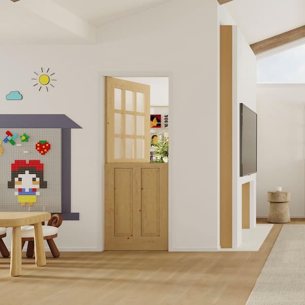 36 in. x 80 in. 9 Lite Frosted Glass Solid Core Natural Pine Wood Finished Interior Dutch Door, Single Split Door Slab