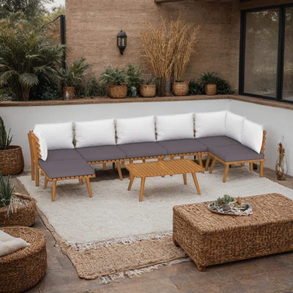 8-Piece Brown and Gray Wood Outdoor Sectional Sofa with Table and White Cushion