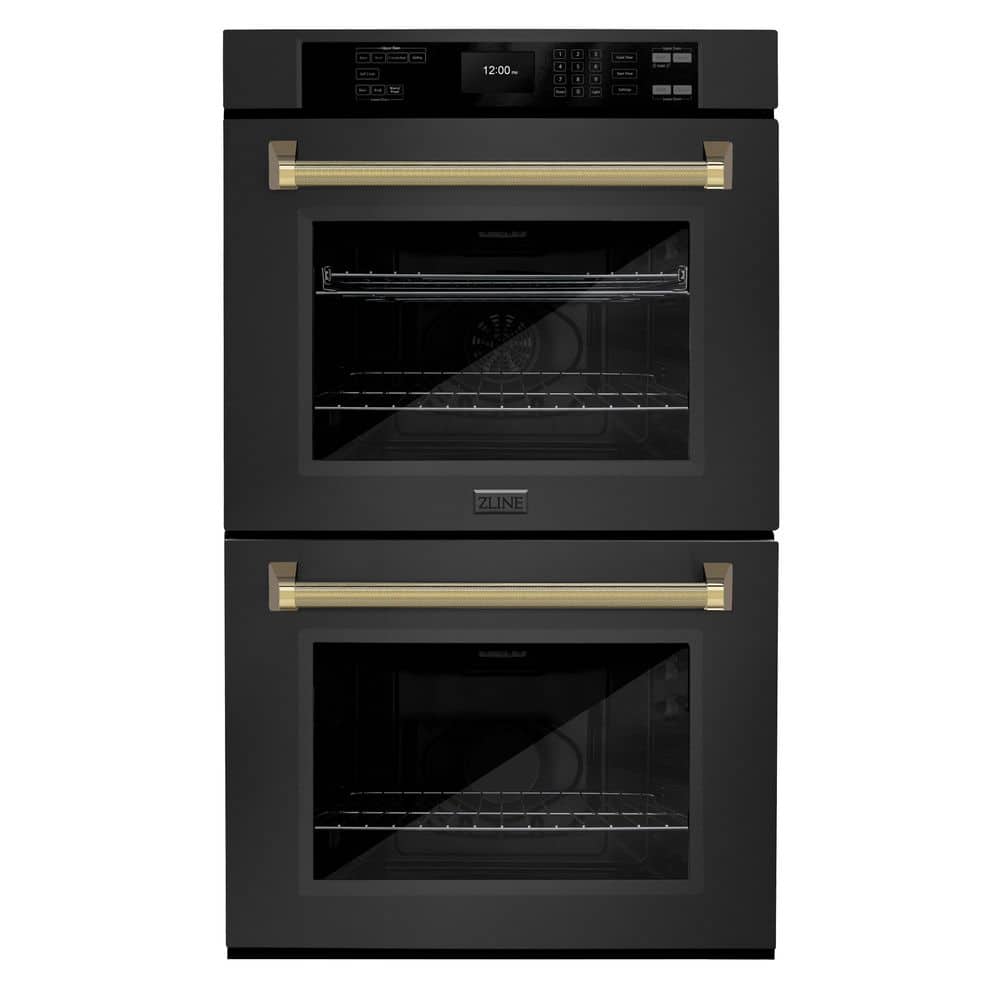 ZLINE Kitchen and Bath Autograph 30 in. True Convection Double Wall Oven with Air Fry in Black Steel with Polished Gold Helix Handles