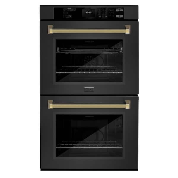 Autograph 30 in. True Convection Double Wall Oven with Air Fry in Black Steel with Polished Gold Helix Handles