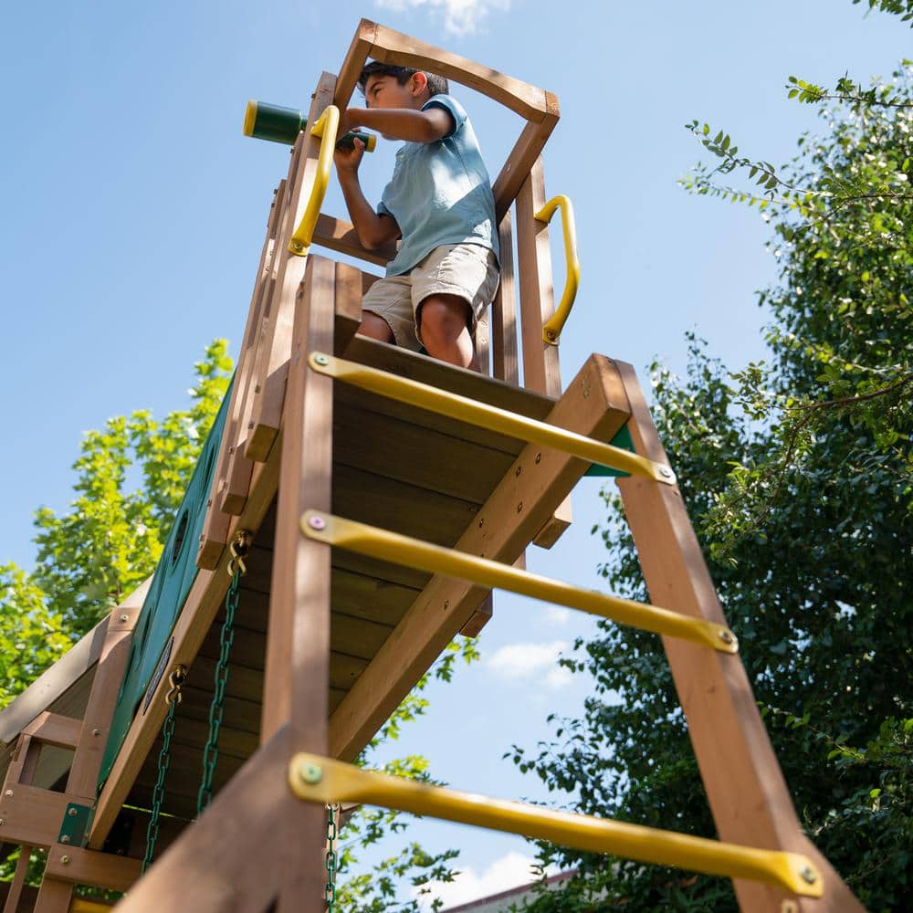 Skyway Resort Wooden Outdoor Swing Set with Slides and Playhouse