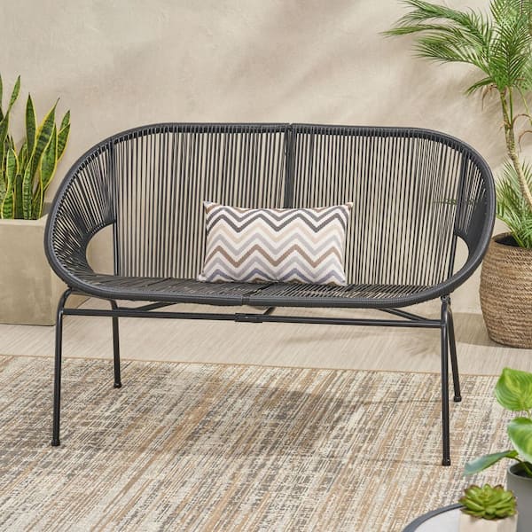 Unbranded 1-Piece Metal Outdoor Rope Loveseat Durable Stylish Comfortable  for Patio 2-Person Black Faux Rattan Outdoor Patio Bench