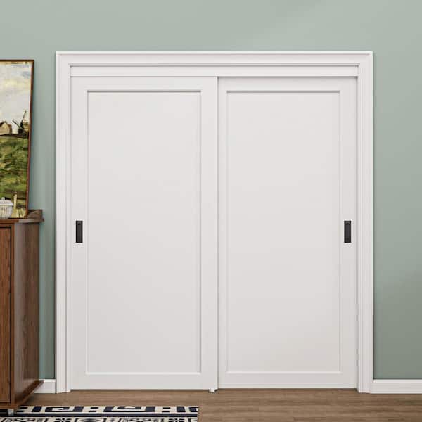 72 in. x 96 in. Paneled 1-Lite Blank Pattern White Primed MDF Sliding Door with Hardware Kit