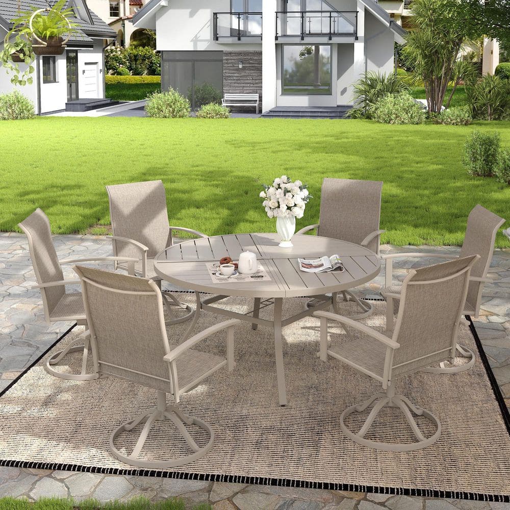 7-Piece Metal Outdoor Dining Set with 53.1 in. Sandshell Round Table and 6 Sandshell Textilene Swivel Patio Chairs price history on PriceWatchPro