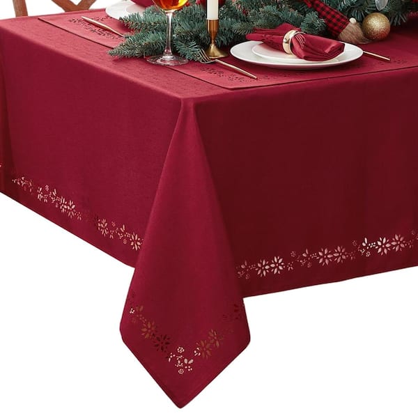 Threadmade Home Poinsettia Noel Laser Cut Tablecloth, Red - 52"W x 70"L