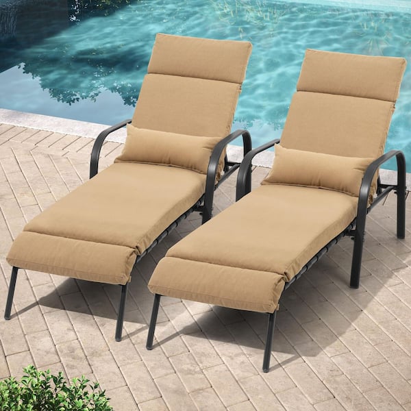 2-Piece Metal Reclining Outdoor Adjustable Chaise Lounge Chairs with Tan Cushion and Armrests