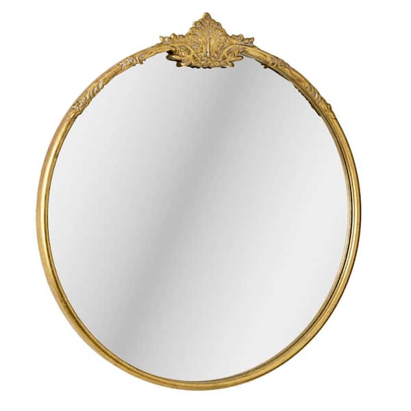 Deco Mirror 24 in. W x 25.5 in. H Vintage Antique Brass Round Ornate Metal Framed Accent Wall Mirror