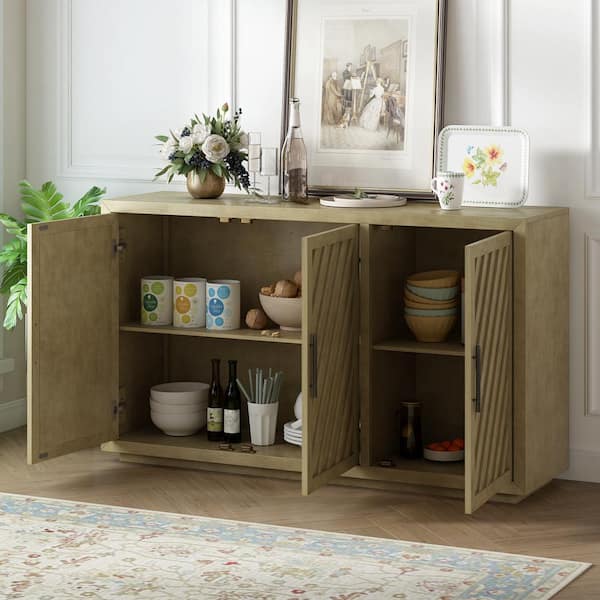 Harper & Bright Designs Antique Natural Retro 3-Door Large Storage Wood 60 in. Sideboard with Adjustable Shelves and Black Handles