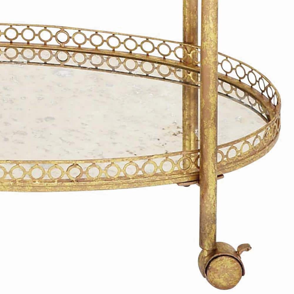 Gold Oval Iron Rolling Bar Cart with Glass Shelves