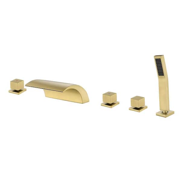 3-Handle Deck-Mount Roman Tub Faucet with Hand Shower, 5 Hole Bathtub Shower Faucet in. Brushed Gold