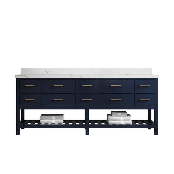 Willow Collections Parker 84 in. W x 22 in. D x 36 in. H Double Sink Bath Vanity in Navy Blue with 2 in. Calacatta Quartz Top