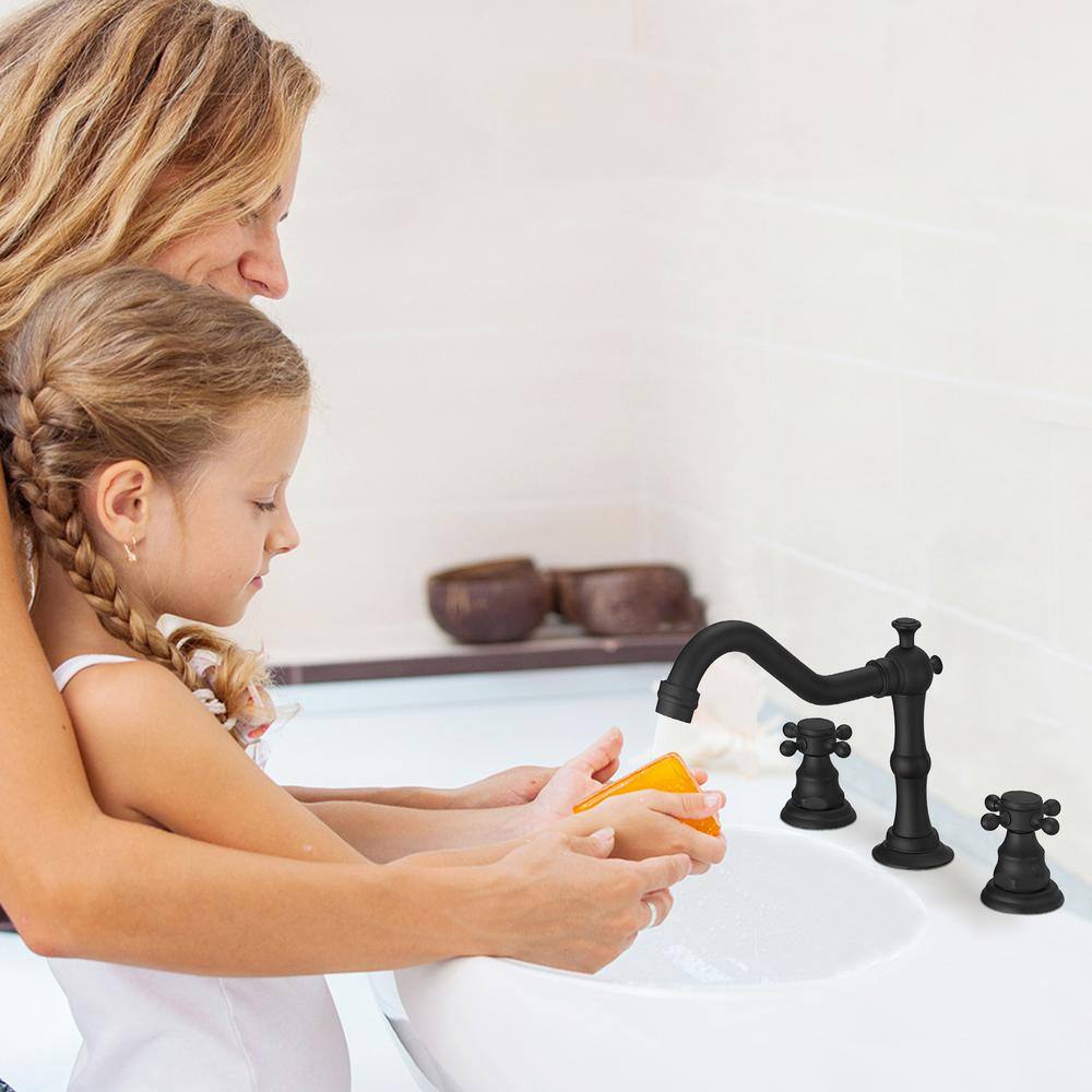 Matte Black 8-Inch Widespread 2-Handle Bathroom Faucet with Drain Kit