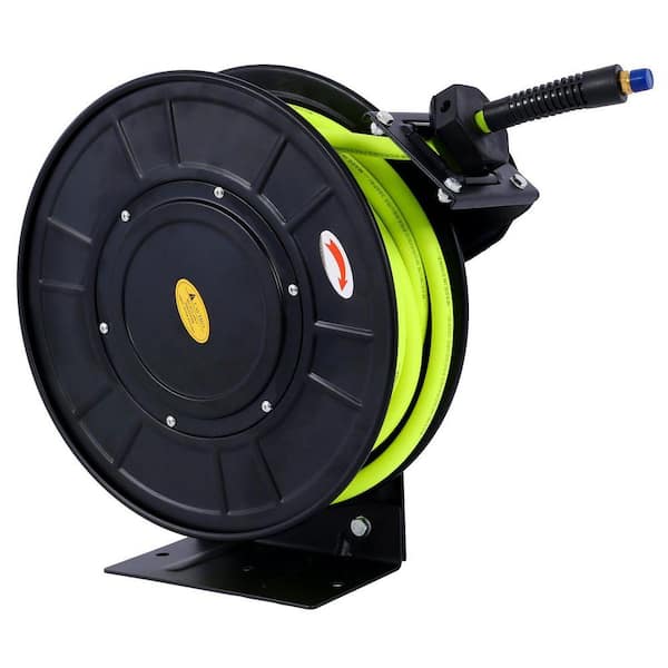 Retractable Air Hose Reel With 3/8 in. x 50 ft. Heavy Duty Steel Hose Reel Auto Rewind Pneumatic, 300 PSI, Black+Yellow