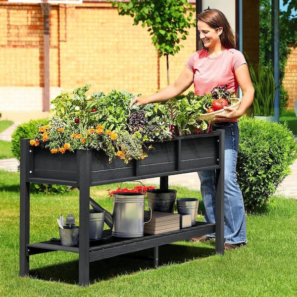 46 in. x 17 in. x 28 in. Outdoor Black Plastic Wood Raised Garden Bed Planter Box with Shelf