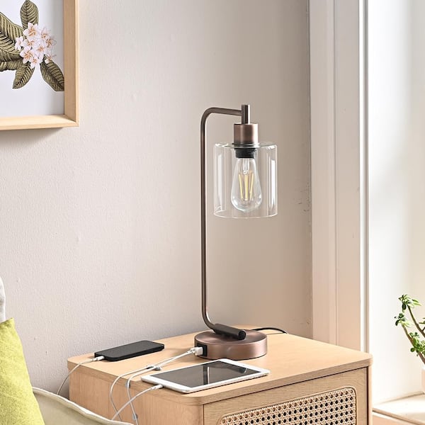 EDISHINE 19 in. Antique Red Copper Metal Dimmable Touch Control Table Lamp with Glass Shade and USB Port