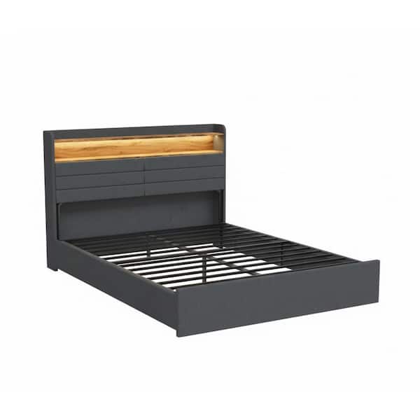 Black&Gray Wood Frame Queen Upholstered Platform Bed with Headboard and 4 Storage Drawers