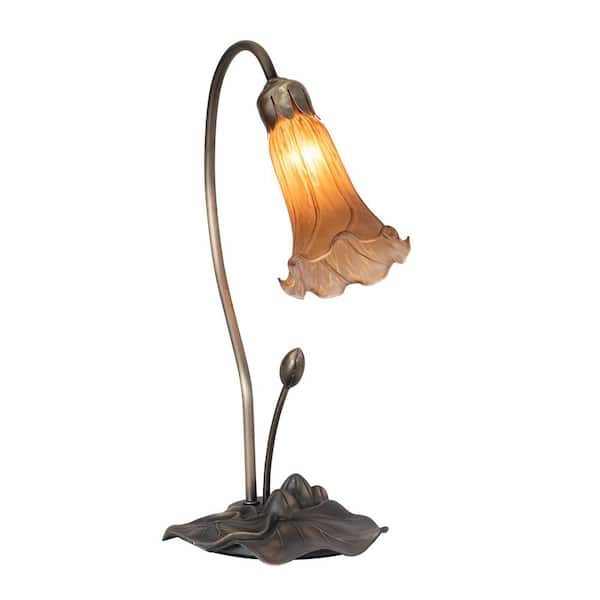 Pond Lily 16 in. Mahogany Bronze Novelty Victorian Mini Table Lamp with Amber Glass Shade