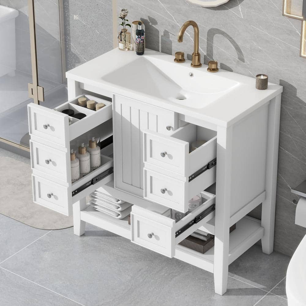 36″ White Bathroom Vanity with Sink, 1 Cabinet & 3 Drawers, Solid Wood & MDF Board price history on PriceWatchPro