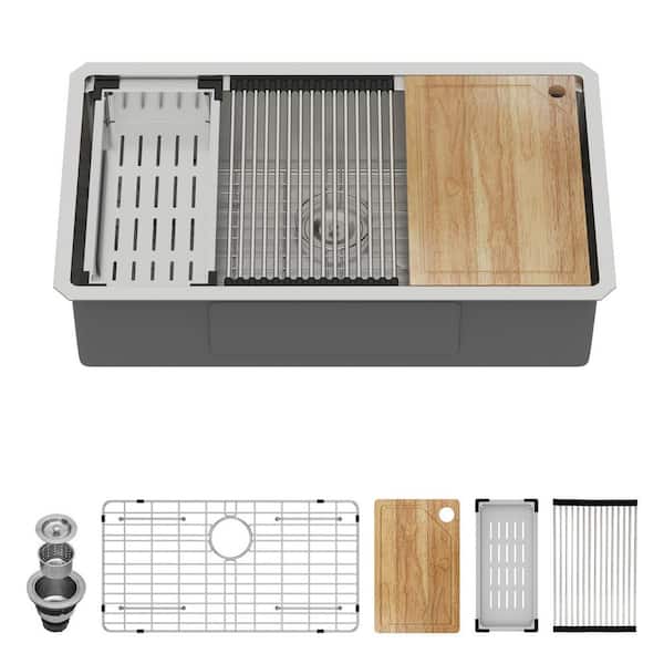 33 in. Undermount Single Bowl 16-Gauge Stainless Steel Workstation Kitchen Sink with Bottom Grid and Strainer
