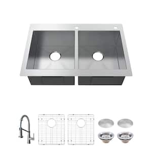 AIO Zero Radius Drop-in/Undermount 16G Stainless Steel 33 in. 2-Hole Double Bowl Kitchen Sink with Spring Neck Faucet