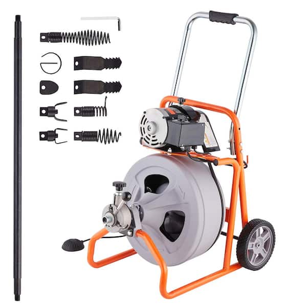 Drain Cleaner Machine 75 ft. x 1/2 in. Auto Feed with Wheels & 8 Cutters
