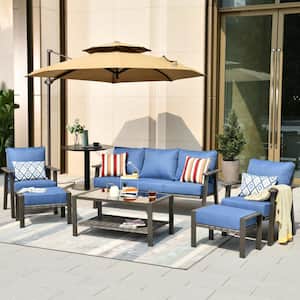 Walden Grey 6-Piece Wicker Metal Outdoor Patio Conversation Sofa Seating Set with a Coffee Table and Sky Blue Cushions