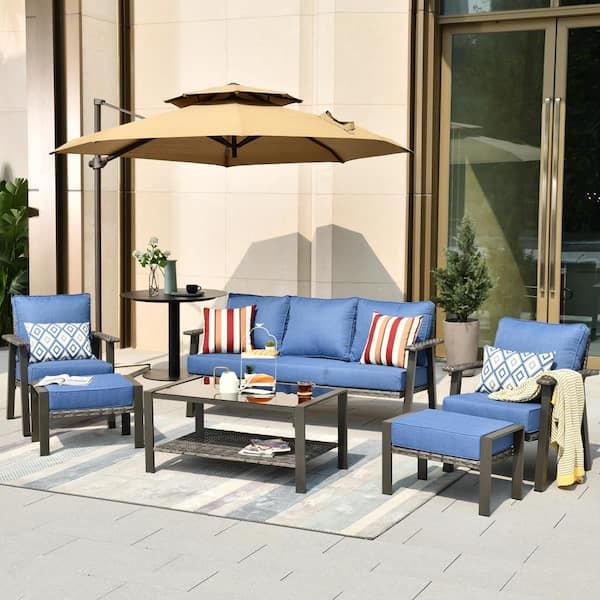 HOOOWOOO Walden Grey 6-Piece Wicker Metal Outdoor Patio Conversation Sofa Seating Set with a Coffee Table and Sky Blue Cushions