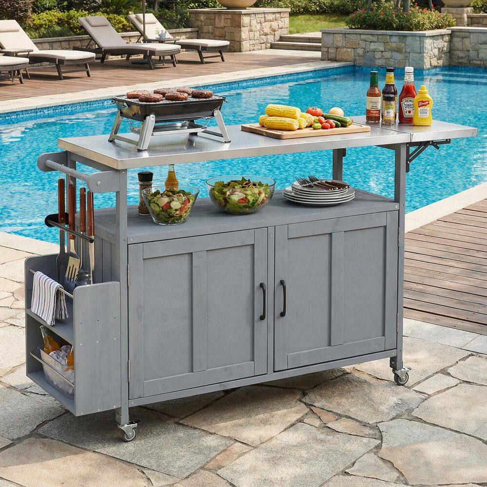 Davenport Patio Kitchen Island Solid Wood Storage Foldable Outdoor Serving Bar Cart with Wheels and Towel Racks, Grey price history on PriceWatchPro